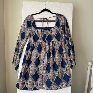 Sage Brand Top/Mini Dress Tie Back Blue with Geo Pattern Sz Small Made in USA